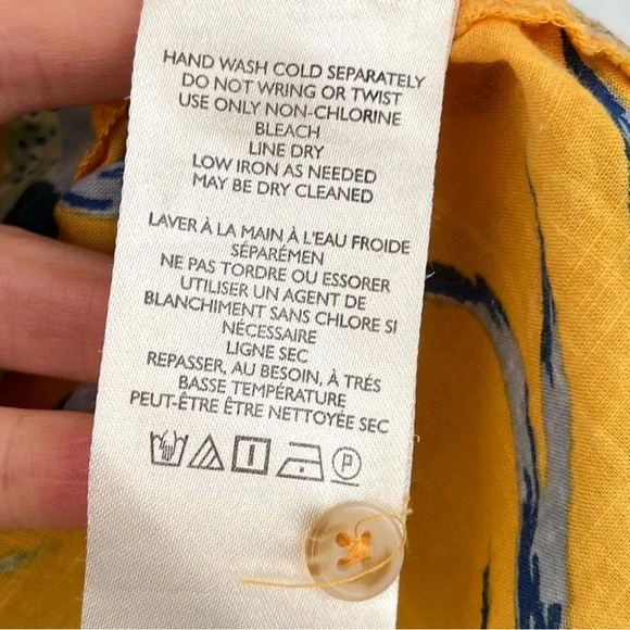 Anthropologie Maeve Yellow Tropical Floral Bird Top Sz L Relaxed Cotton Button - Picture 14 of 14